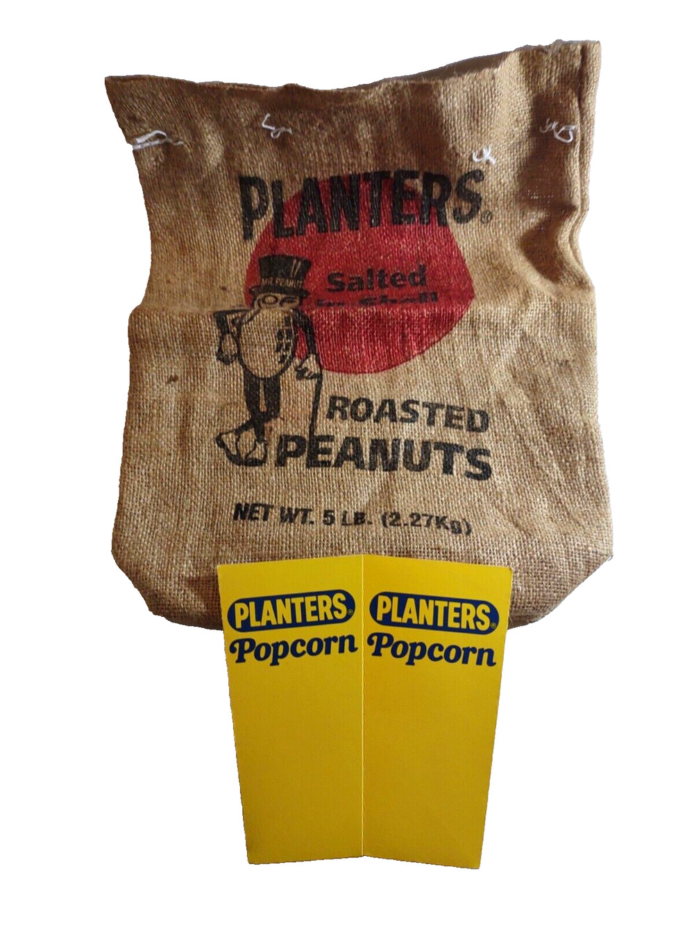 Planters Mr Peanut Vintage Burlap Roasted Nut 5 Pound Bag Sack + Popcorn Holder